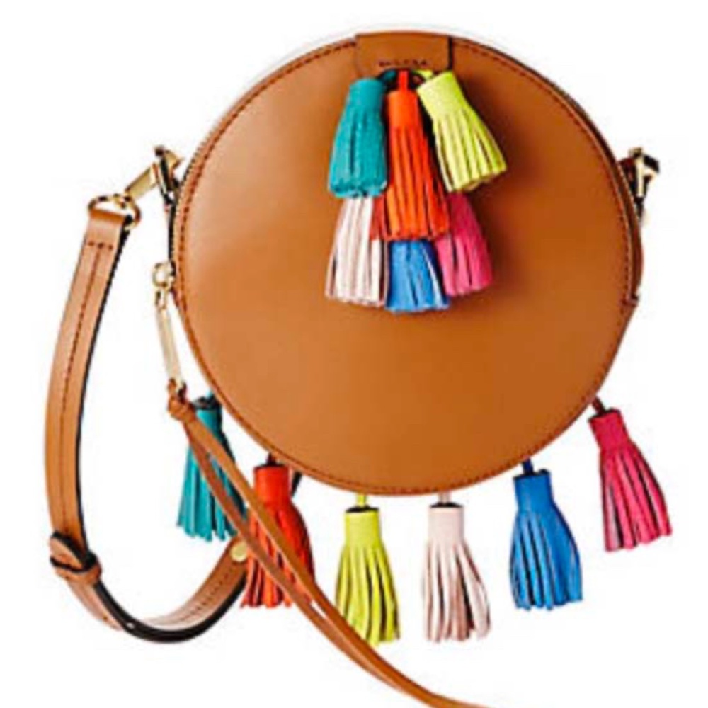REBECCA MINKOFF LEATHER ROUND CROSSBODY BAG, ALMOND COLOUR, TWO SETS OF TASSELS